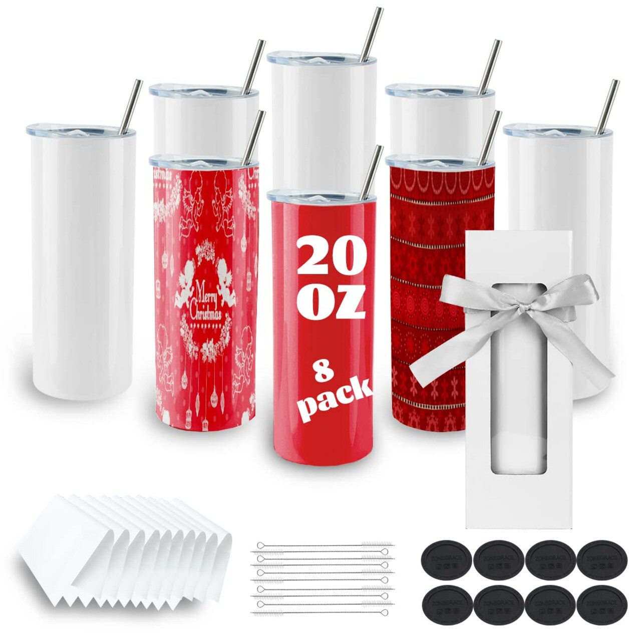 8 Pack Straight Sublimation Tumblers bulk 20 oz Skinny,Stainless Steel  Double Wall Insulated Tumbler Cups Blank White with Lid, Straw,  Individually Boxed,Polymer Coating for Heat Transfer